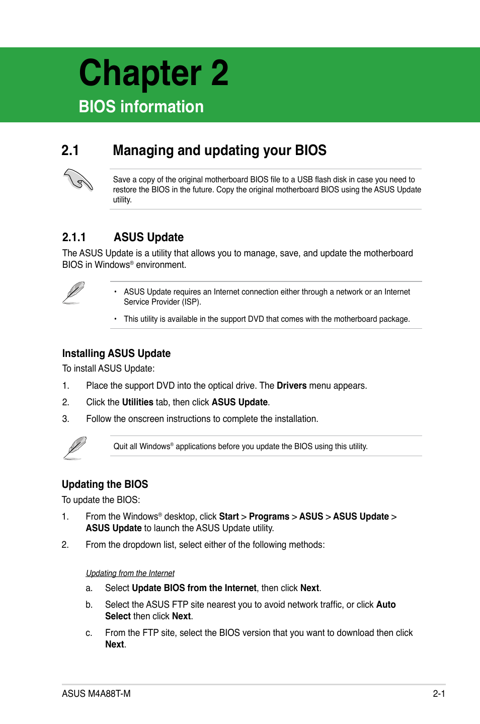 Chapter 2, Bios information, 1 managing and updating your bios | 1 asus update, Managing and updating your bios -1 2.1.1, Asus update -1 | Asus M4A88T-M/USB3 User Manual | Page 45 / 70