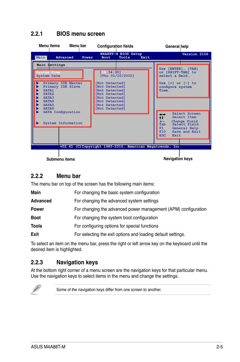 1 bios menu screen, 2 menu bar, 3 navigation keys | Bios menu screen -5, Menu bar -5, Navigation keys -5, 1 bios menu screen 2.2.2 menu bar | Asus M4A88T-M/USB3 User Manual | Page 49 / 70