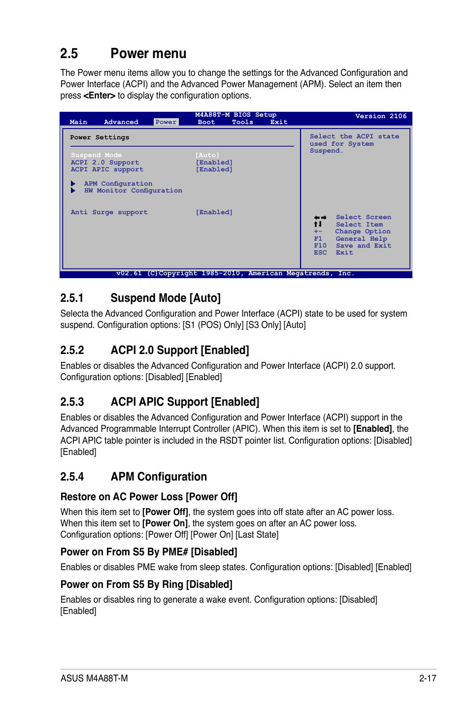 5 power menu, 1 suspend mode, 2 acpi 2.0 support | 3 acpi apic support, 4 apm configuration, Power menu -17 2.5.1, Suspend mode -17, Acpi 2.0 support -17, Acpi apic support -17, Apm configuration -17 | Asus M4A88T-M/USB3 User Manual | Page 61 / 70
