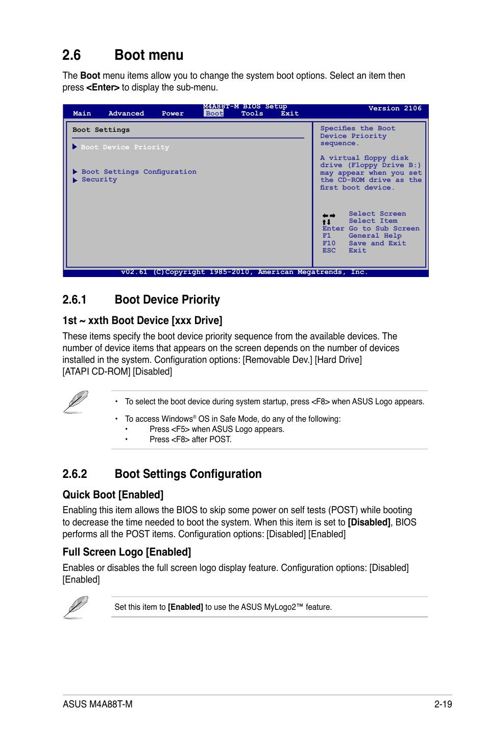 6 boot menu, 1 boot device priority, 2 boot settings configuration | Boot menu -19 2.6.1, Boot device priority -19, Boot settings configuration -19, 1st ~ xxth boot device [xxx drive, Quick boot [enabled, Full screen logo [enabled | Asus M4A88T-M/USB3 User Manual | Page 63 / 70