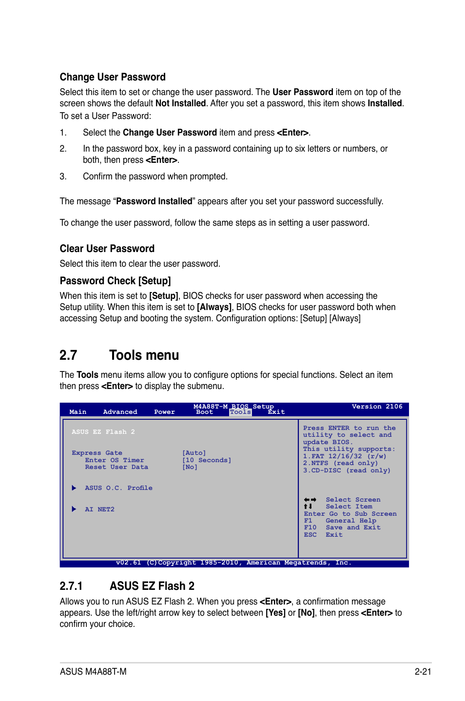7 tools menu, 1 asus ez flash 2, Tools menu -21 2.7.1 | Asus ez flash 2 -21, Change user password, Clear user password, Password check [setup | Asus M4A88T-M/USB3 User Manual | Page 65 / 70