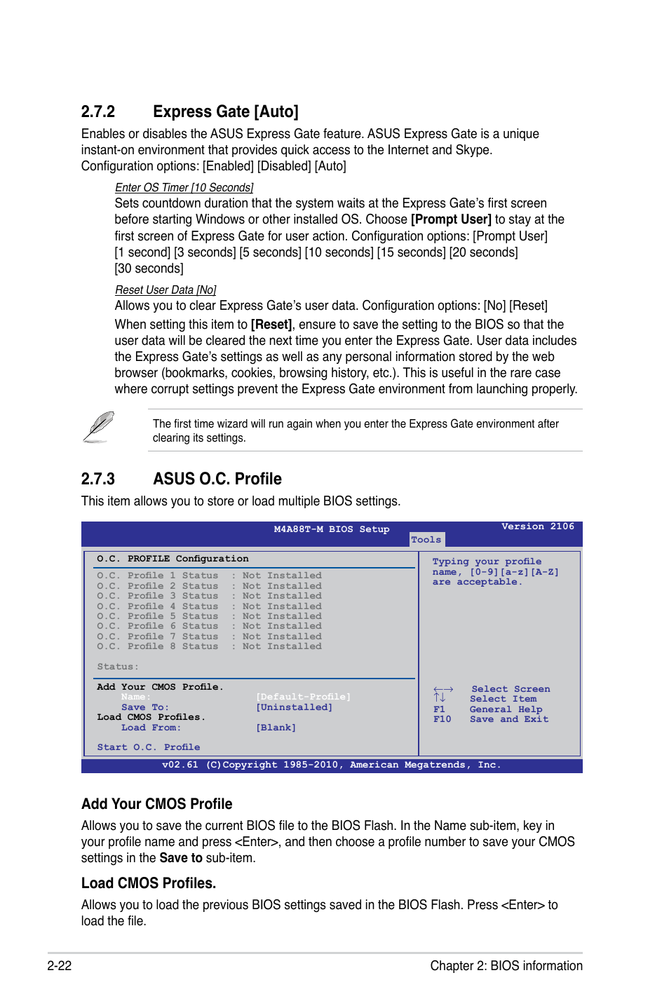 2 express gate, 3 asus o.c. profile, Express gate -22 | Asus o.c. profile -22, 2 express gate [auto, Add your cmos profile, Load cmos profiles | Asus M4A88T-M/USB3 User Manual | Page 66 / 70