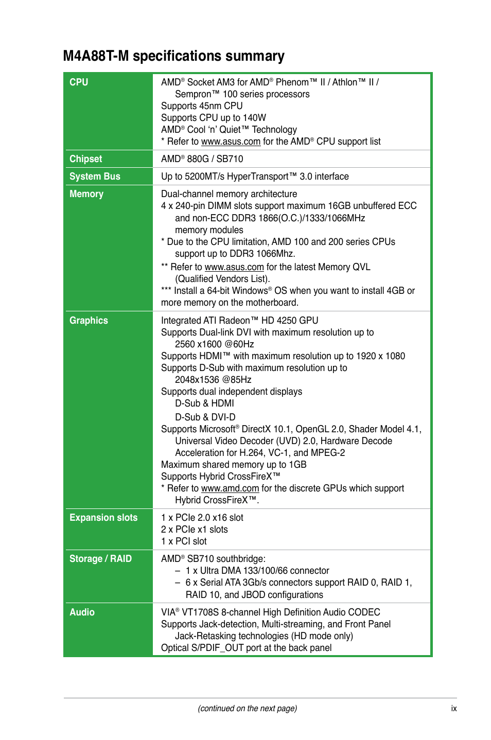 M4a88t-m specifications summary | Asus M4A88T-M/USB3 User Manual | Page 9 / 70