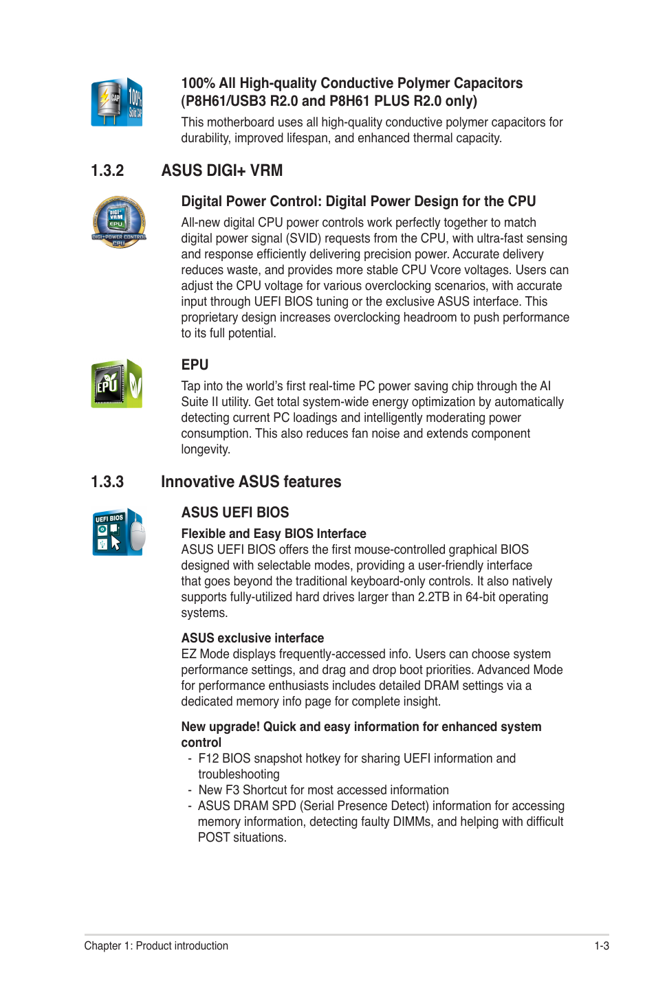 2 asus digi+ vrm, 3 innovative asus features, Asus digi+ vrm -3 | Innovative asus features -3 | Asus P8H61/USB3 R2.0 User Manual | Page 13 / 78