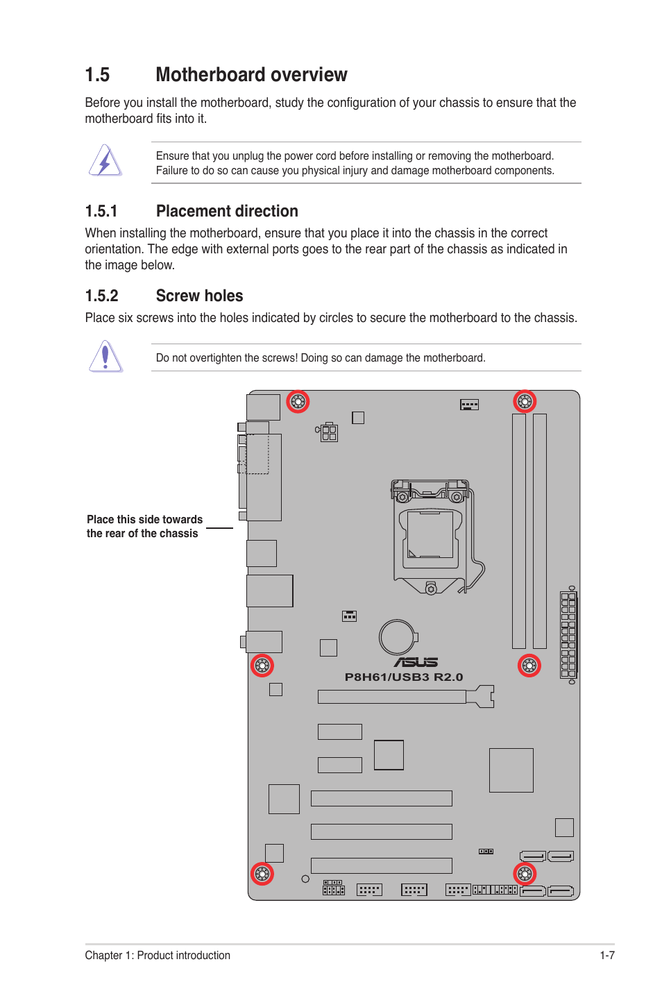 5 motherboard overview, 1 placement direction, 2 screw holes | Motherboard overview -7 1.5.1, Placement direction -7, Screw holes -7 | Asus P8H61/USB3 R2.0 User Manual | Page 17 / 78