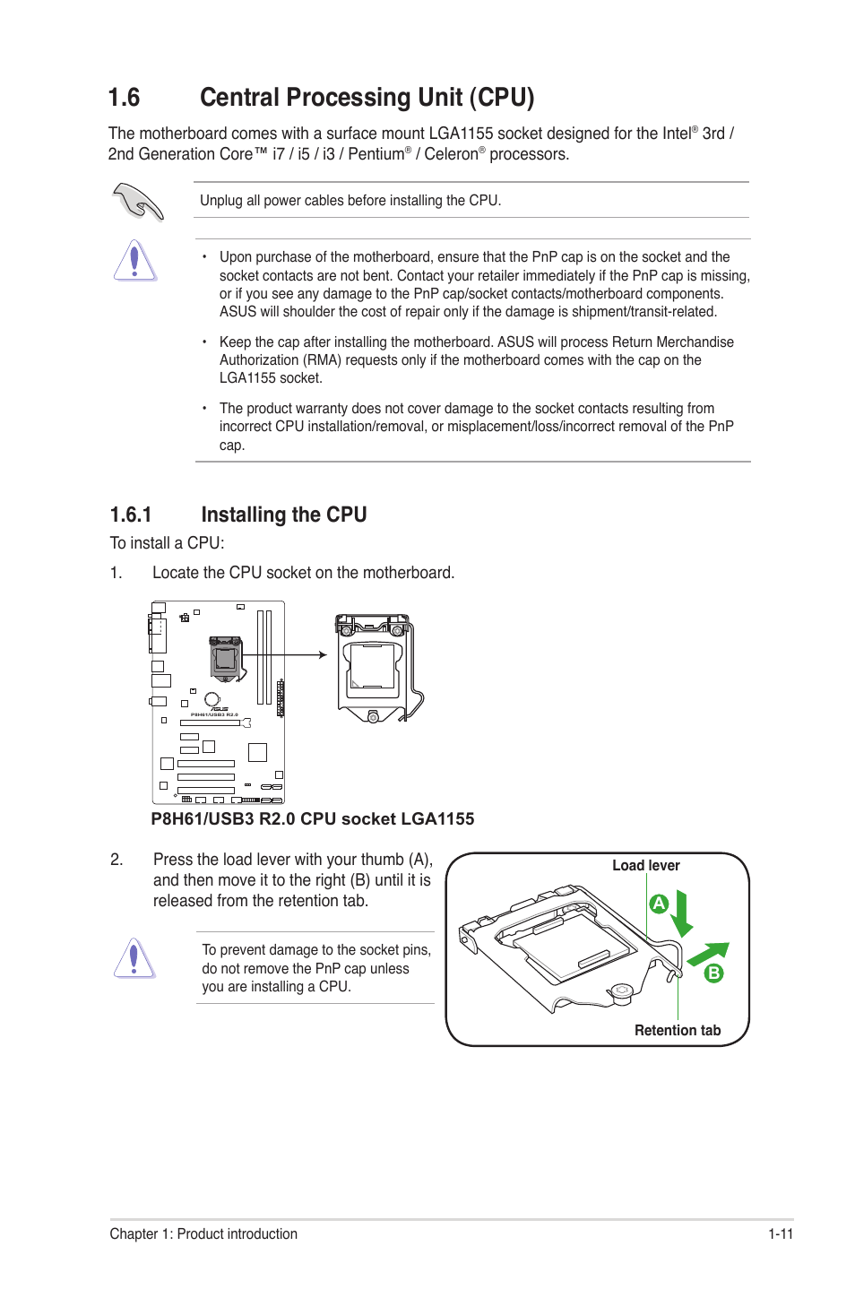 6 central processing unit (cpu), 1 installing the cpu, Central processing unit (cpu) -11 1.6.1 | Installing the cpu -11 | Asus P8H61/USB3 R2.0 User Manual | Page 21 / 78