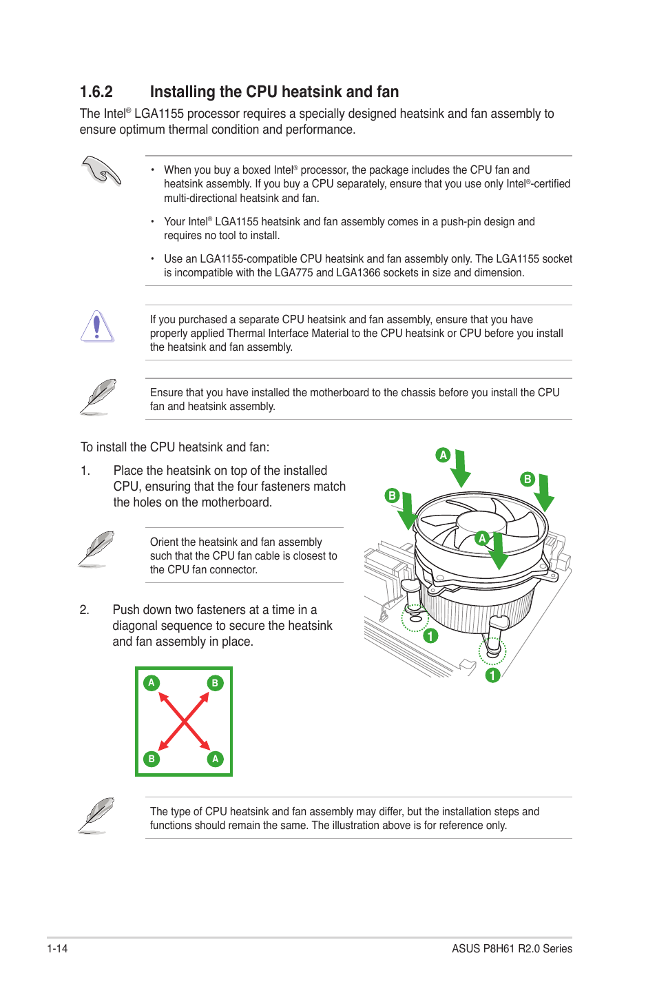 2 installing the cpu heatsink and fan, Installing the cpu heatsink and fan -14 | Asus P8H61/USB3 R2.0 User Manual | Page 24 / 78