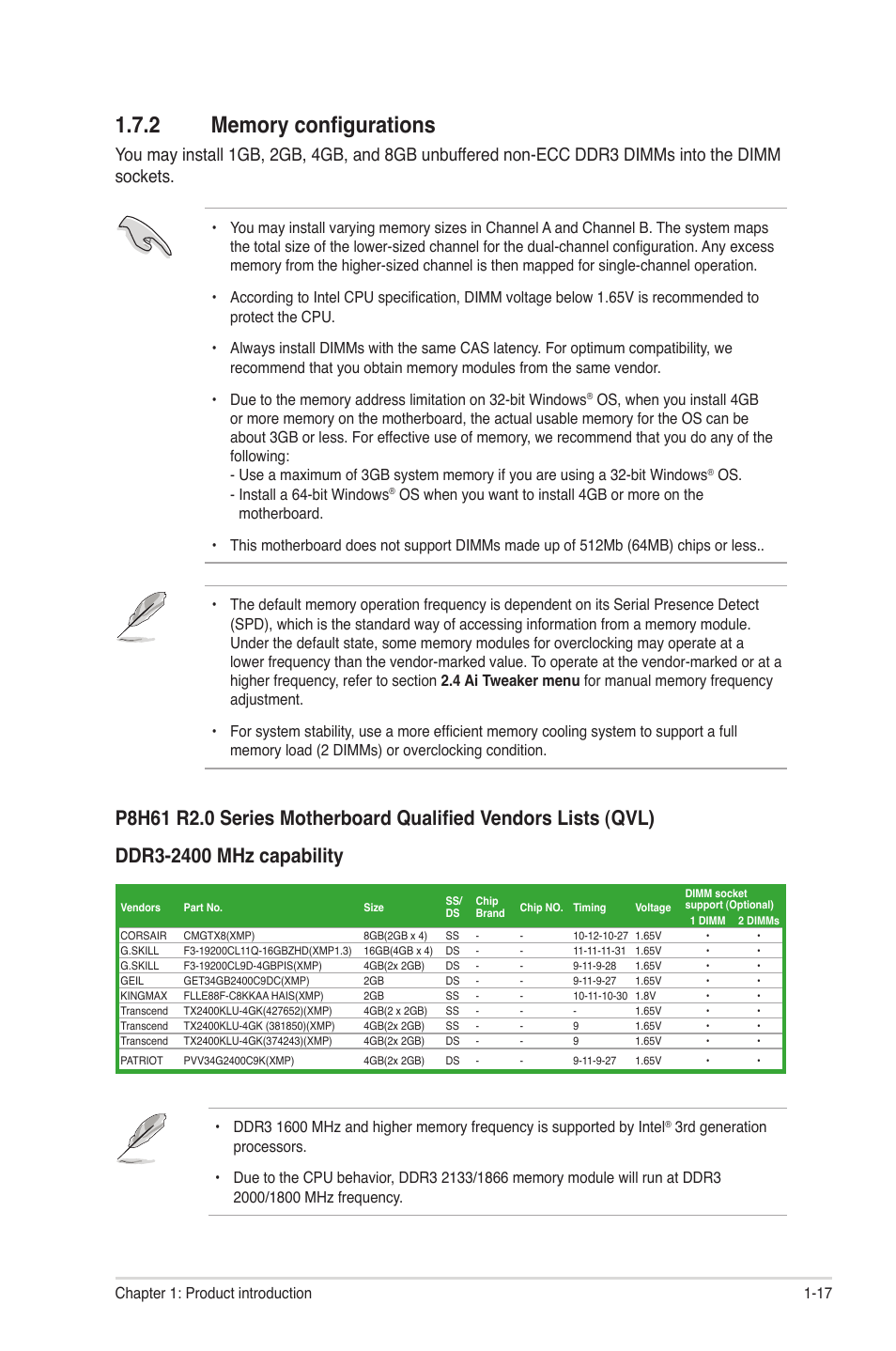 2 memory configurations, Memory configurations -17 | Asus P8H61/USB3 R2.0 User Manual | Page 27 / 78