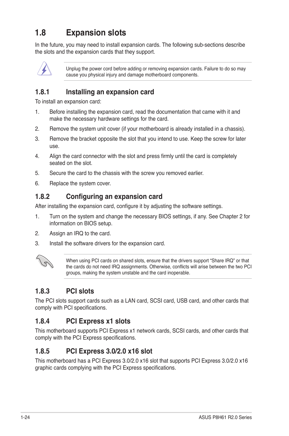 8 expansion slots, 1 installing an expansion card, 2 configuring an expansion card | 3 pci slots, 4 pci express x1 slots, 5 pci express 3.0/2.0 x16 slot, Expansion slots -24 1.8.1, Installing an expansion card -24, Configuring an expansion card -24, Pci slots -24 | Asus P8H61/USB3 R2.0 User Manual | Page 34 / 78