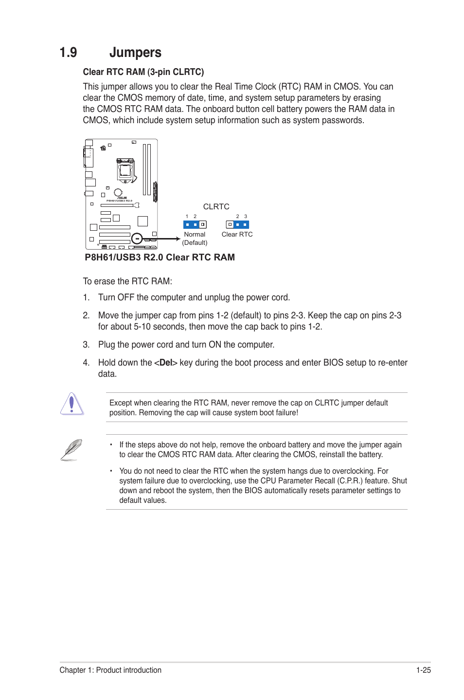 9 jumpers, Jumpers -25 | Asus P8H61/USB3 R2.0 User Manual | Page 35 / 78