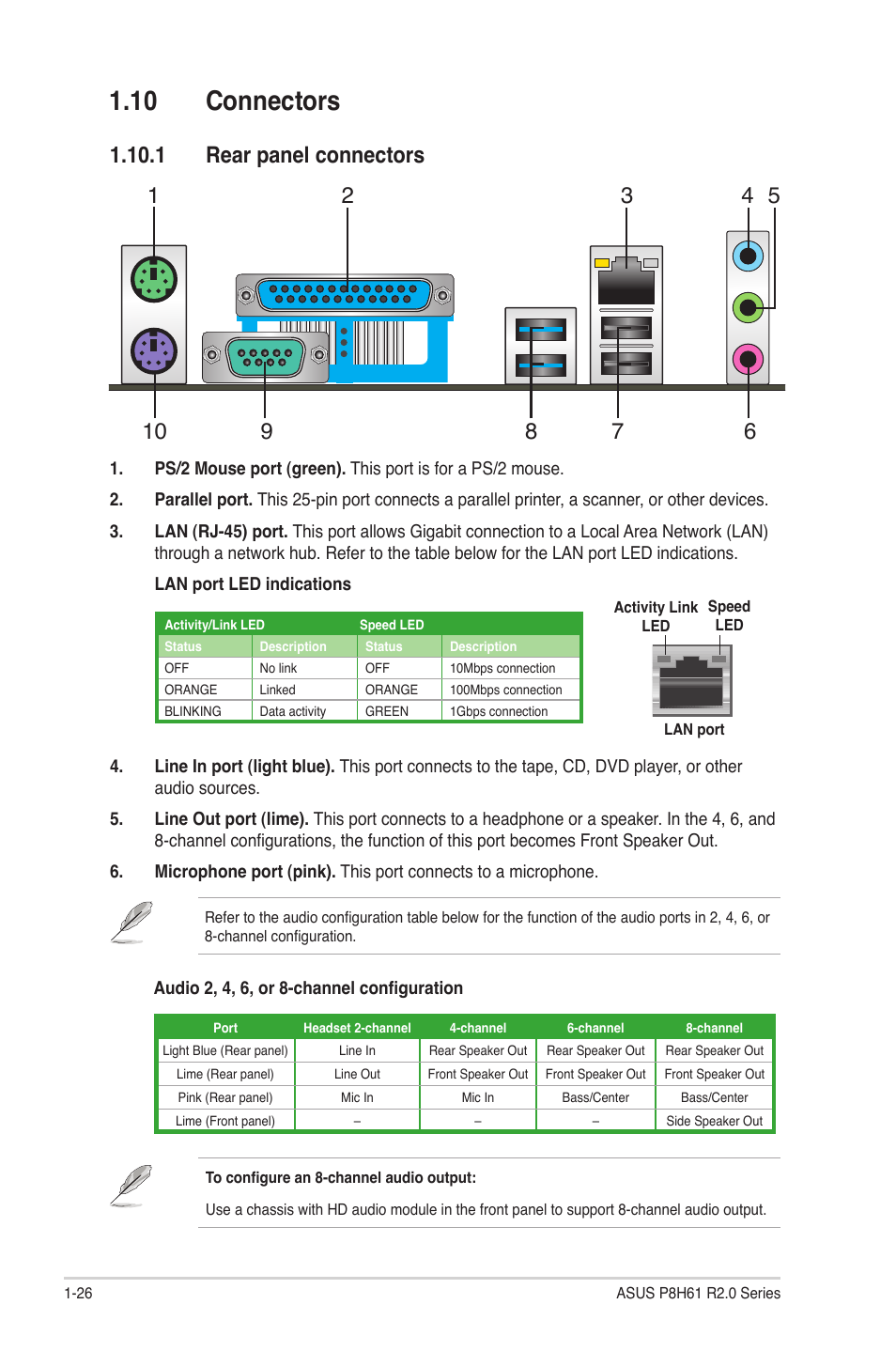 10 connectors, 1 rear panel connectors, 10 connectors -26 | 1 rear panel connectors -26 | Asus P8H61/USB3 R2.0 User Manual | Page 36 / 78