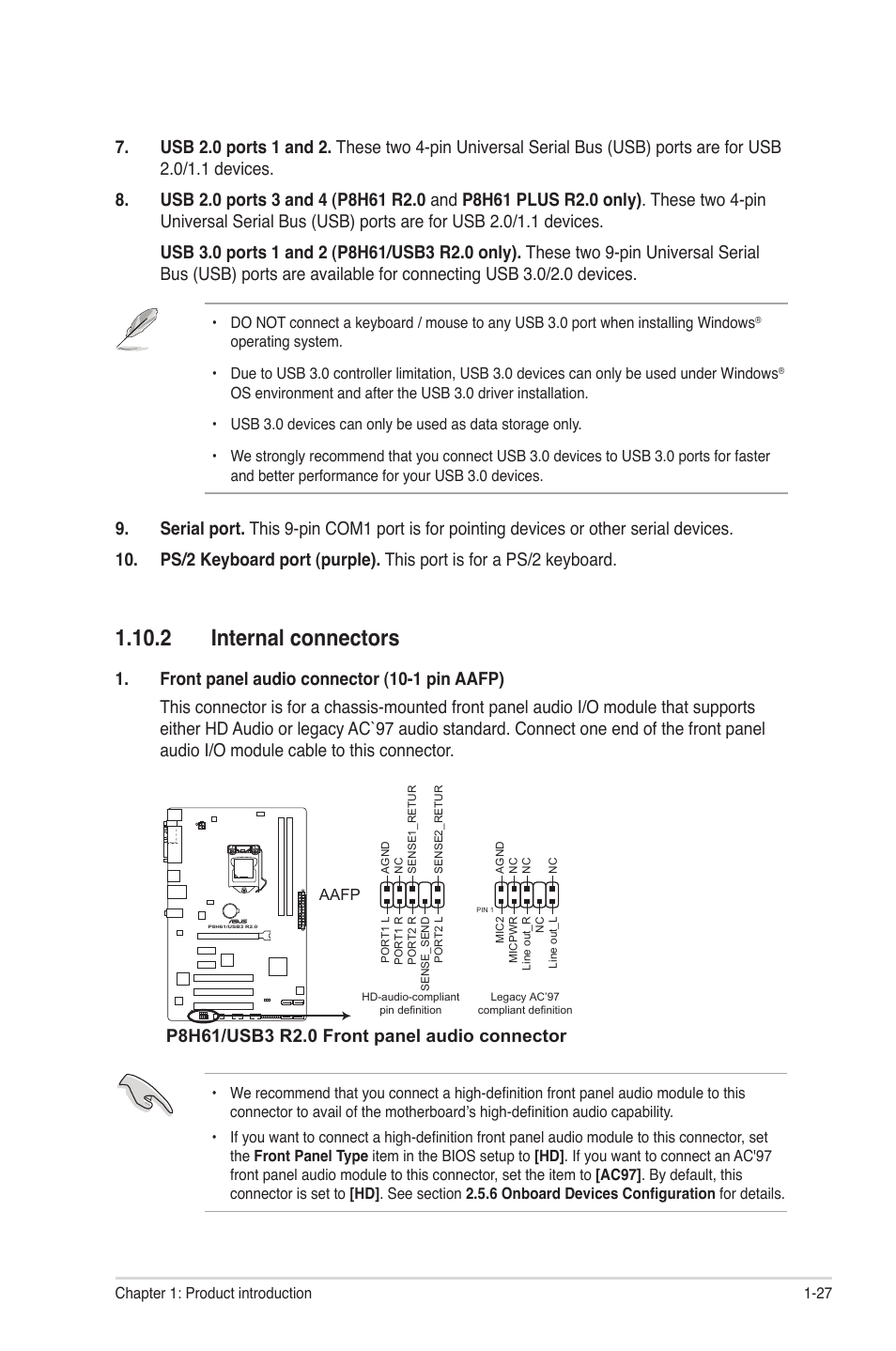 2 internal connectors, 2 internal connectors -27 | Asus P8H61/USB3 R2.0 User Manual | Page 37 / 78