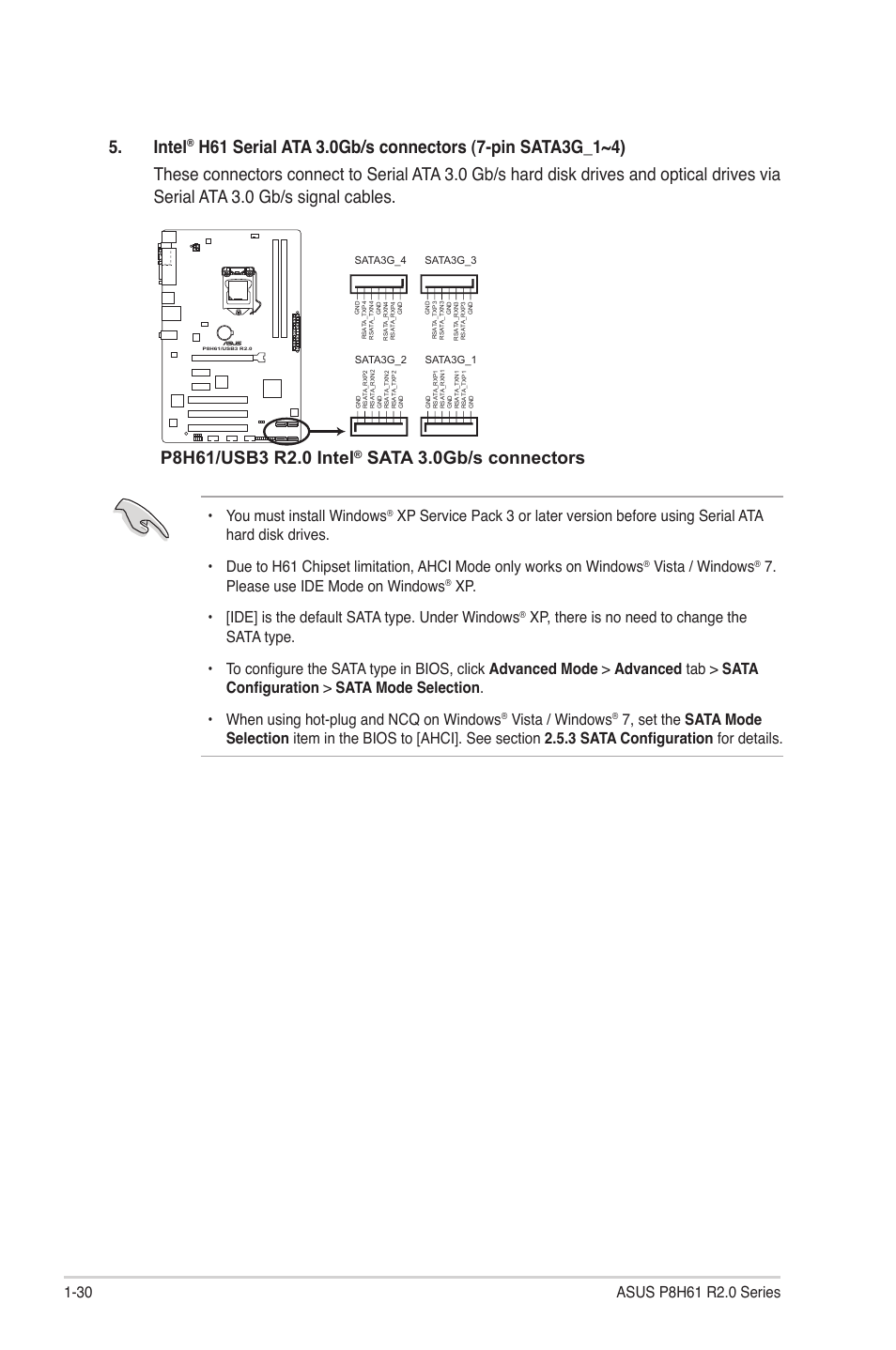 Intel, Sata 3.0gb/s connectors, You must install windows | Vista / windows, Please use ide mode on windows | Asus P8H61/USB3 R2.0 User Manual | Page 40 / 78