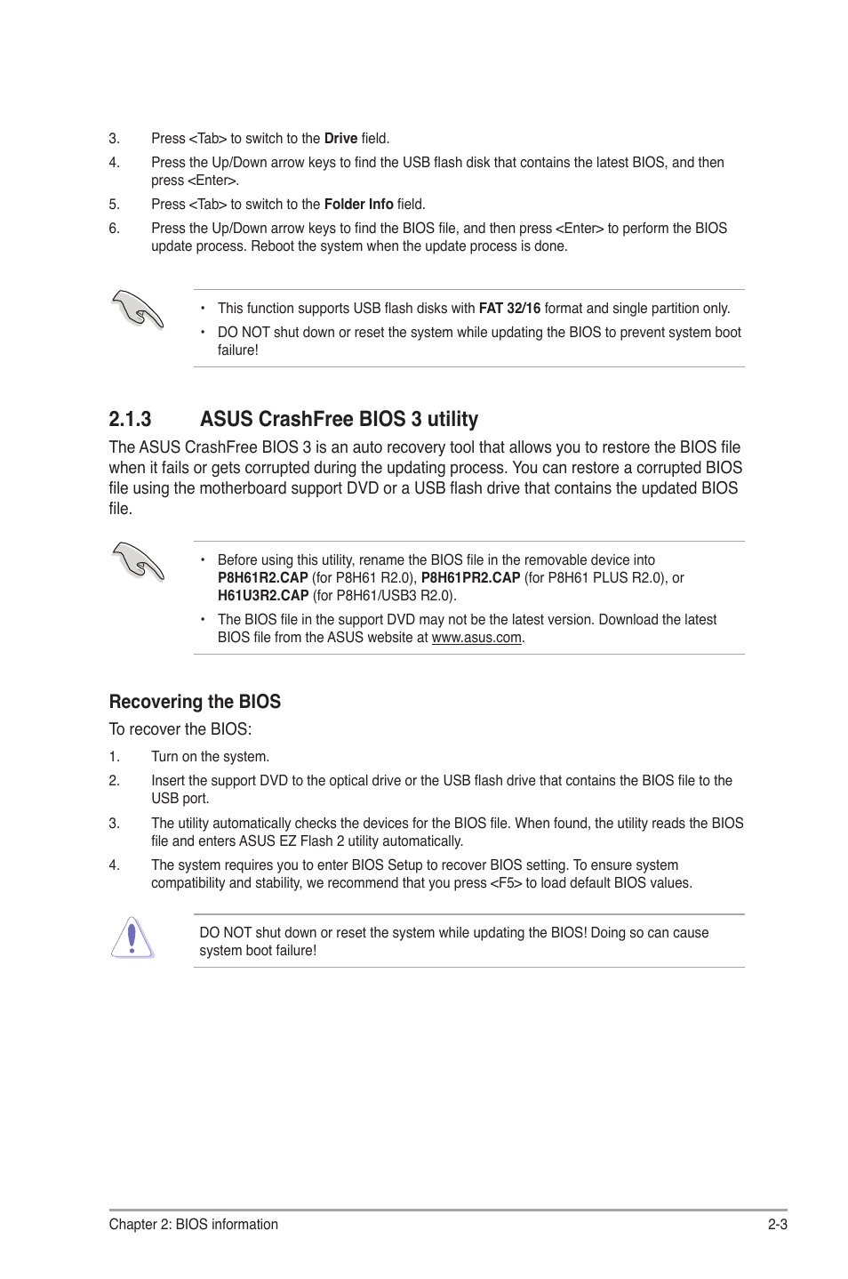 3 asus crashfree bios 3 utility, Asus crashfree bios 3 utility -3, Recovering the bios | Asus P8H61/USB3 R2.0 User Manual | Page 47 / 78