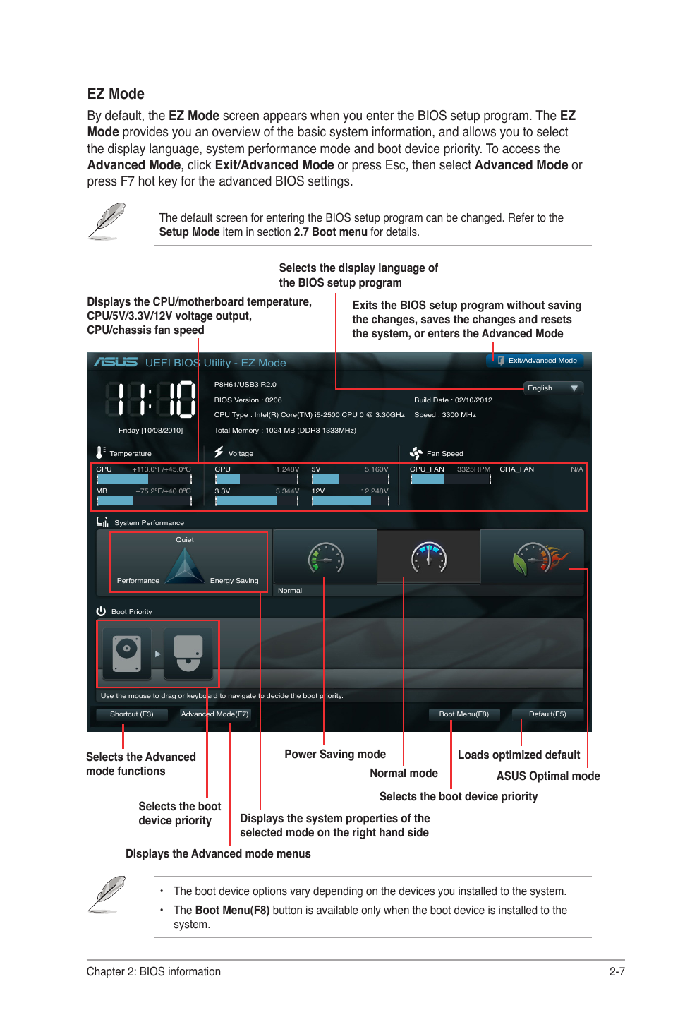 Ez mode, 7 chapter 2: bios information | Asus P8H61/USB3 R2.0 User Manual | Page 51 / 78