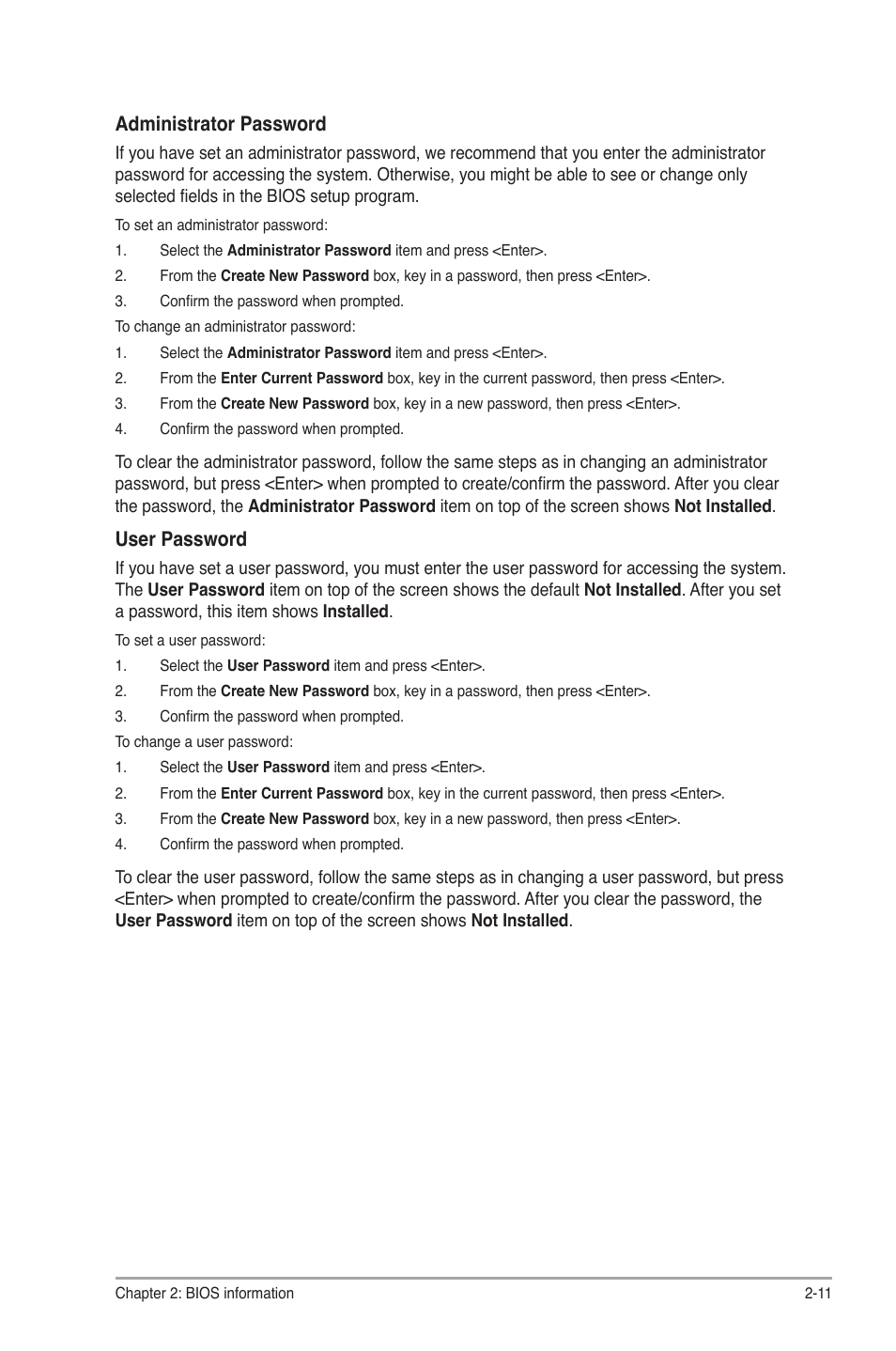 Administrator password, User password | Asus P8H61/USB3 R2.0 User Manual | Page 55 / 78