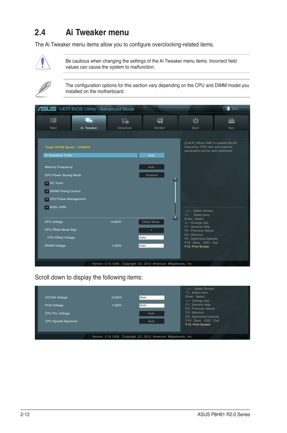 4 ai tweaker menu, Ai tweaker menu -12, Scroll down to display the following items | Uefi bios utility - advanced mode | Asus P8H61/USB3 R2.0 User Manual | Page 56 / 78