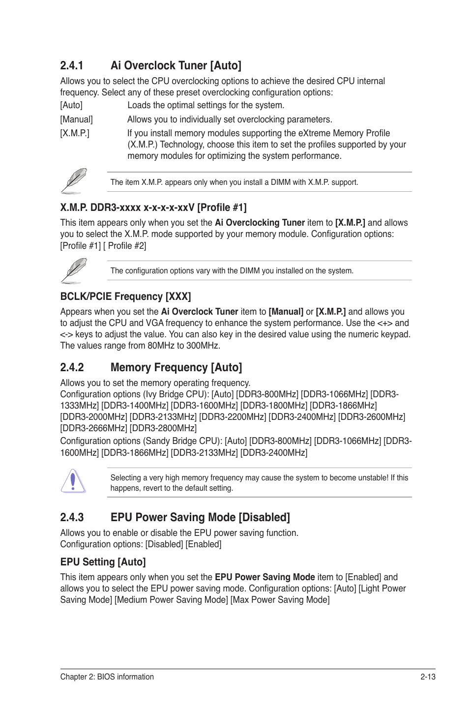 1 ai overclock tuner [auto, 2 memory frequency [auto, 3 epu power saving mode [disabled | Ai overclock tuner [auto] -13, Memory frequency [auto] -13, Epu power saving mode [disabled] -13 | Asus P8H61/USB3 R2.0 User Manual | Page 57 / 78