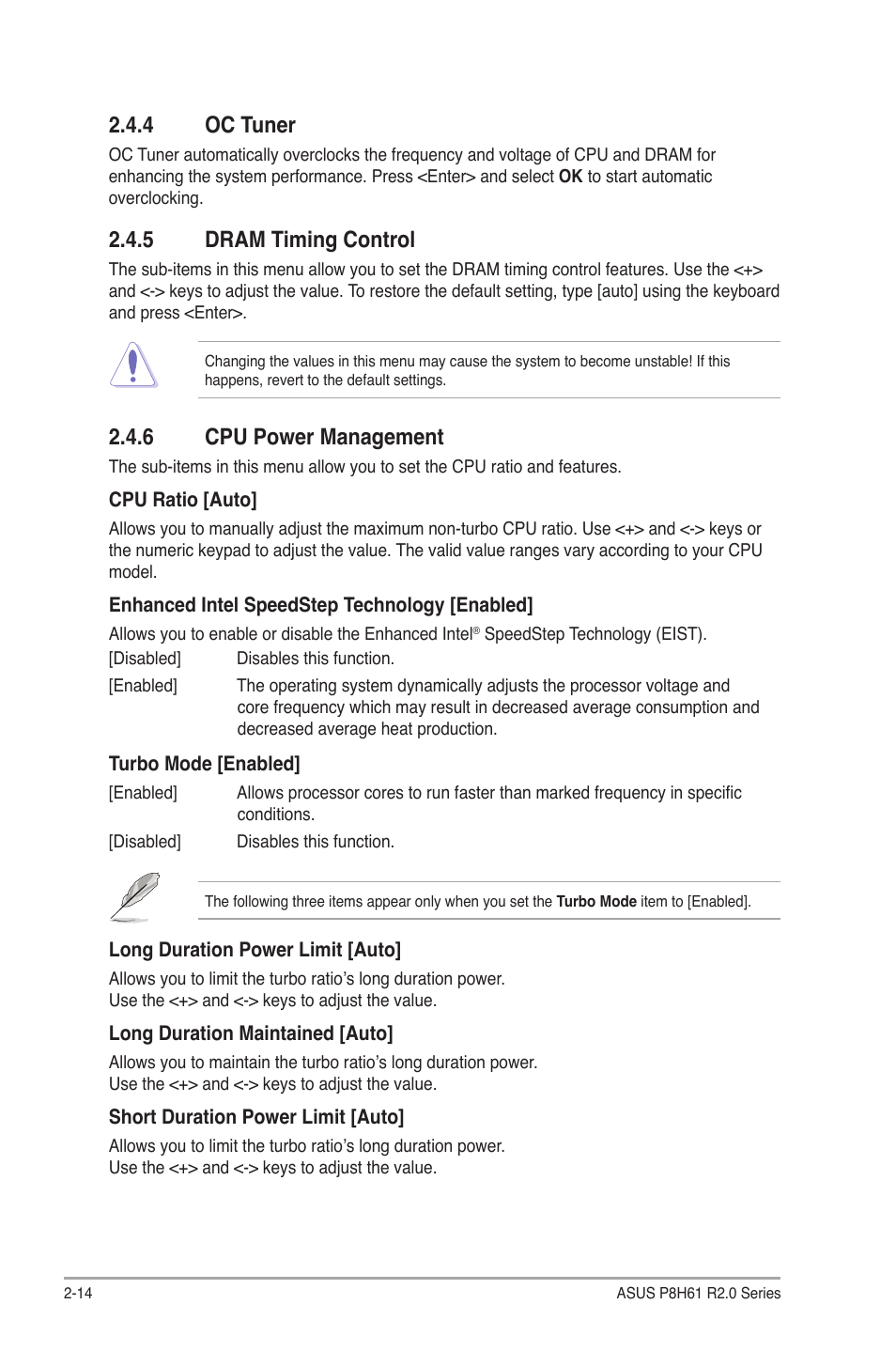 4 oc tuner, 5 dram timing control, 6 cpu power management | Oc tuner -14, Dram timing control -14, Cpu power management -14 | Asus P8H61/USB3 R2.0 User Manual | Page 58 / 78