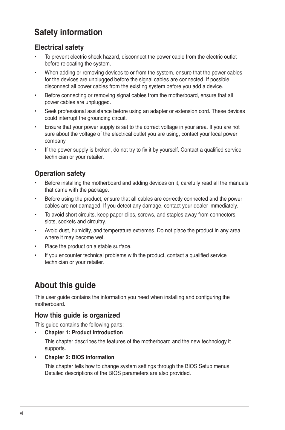 Safety information, About this guide, Electrical safety | Operation safety, How this guide is organized | Asus P8H61/USB3 R2.0 User Manual | Page 6 / 78