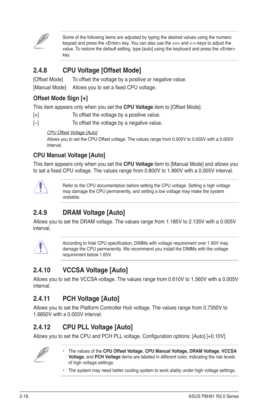 8 cpu voltage [offset mode, 9 dram voltage [auto, 10 vccsa voltage [auto | 11 pch voltage [auto, 12 cpu pll voltage [auto, Cpu voltage [offset mode] -16, Dram voltage [auto] -16 | Asus P8H61/USB3 R2.0 User Manual | Page 60 / 78