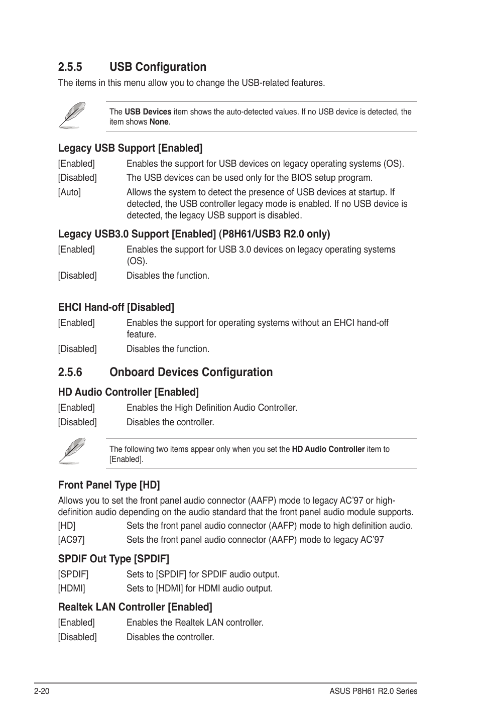 5 usb configuration, 6 onboard devices configuration, Usb configuration -20 | Onboard devices configuration -20 | Asus P8H61/USB3 R2.0 User Manual | Page 64 / 78