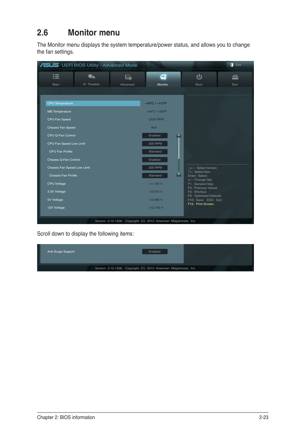 6 monitor menu, Monitor menu -23, 23 chapter 2: bios information | Uefi bios utility - advanced mode | Asus P8H61/USB3 R2.0 User Manual | Page 67 / 78