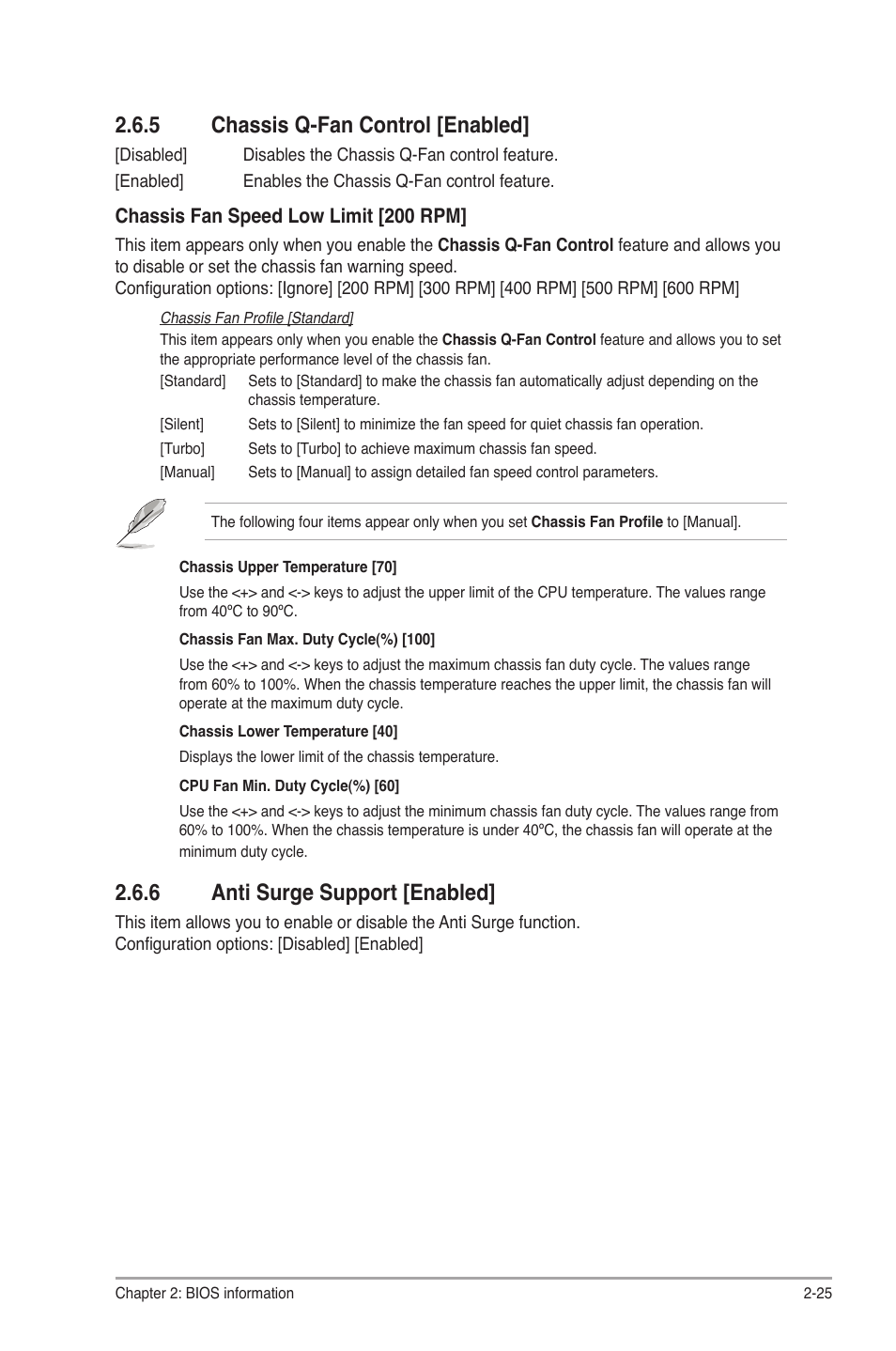 5 chassis q-fan control [enabled, 6 anti surge support [enabled, Chassis q-fan control [enabled] -25 | Anti surge support [enabled] -25 | Asus P8H61/USB3 R2.0 User Manual | Page 69 / 78