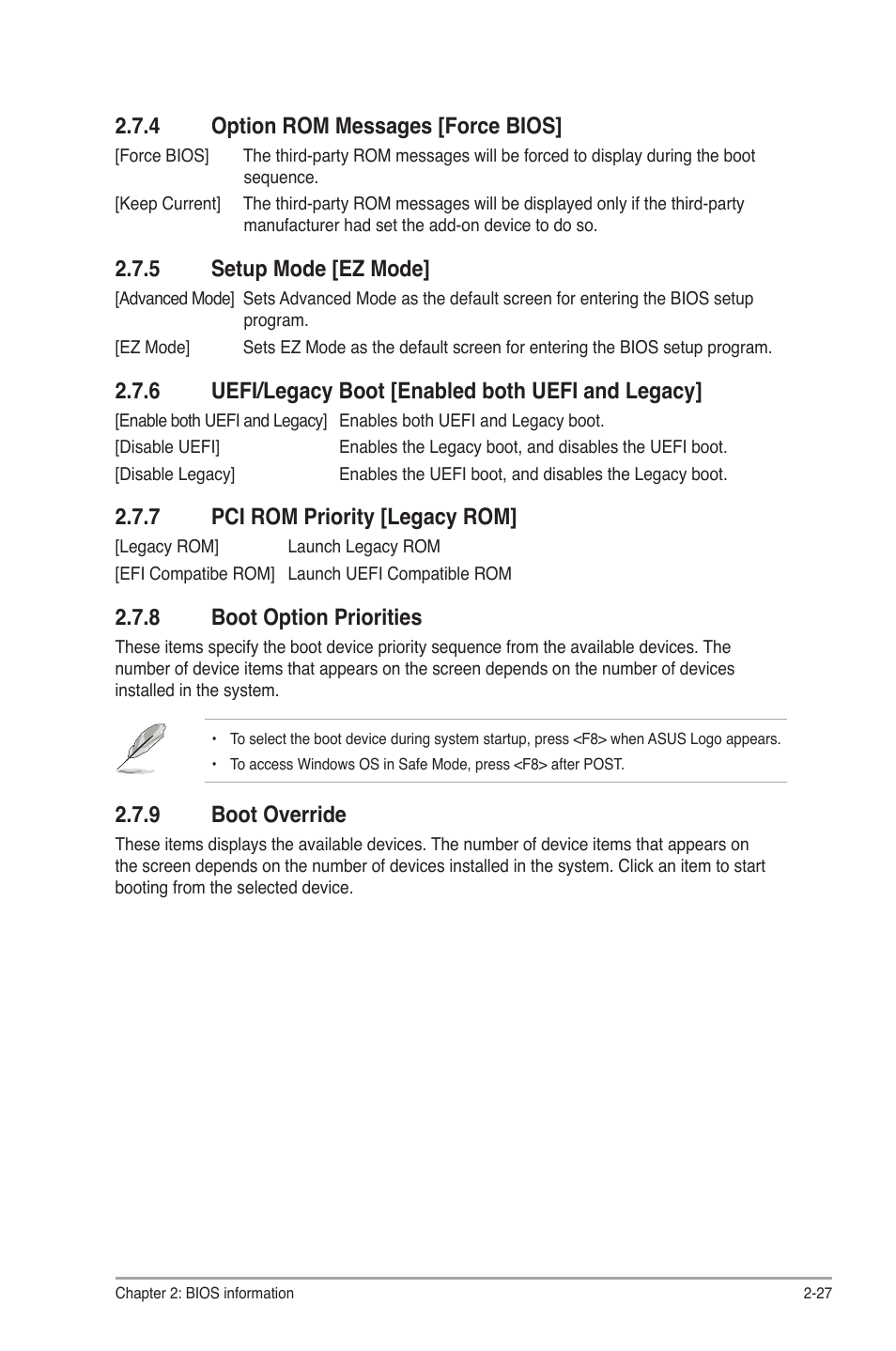 4 option rom messages [force bios, 5 setup mode [ez mode, 6 uefi/legacy boot [enabled both uefi and legacy | 7 pci rom priority [legacy rom, 8 boot option priorities, 9 boot override, Option rom messages [force bios] -27, Setup mode [ez mode] -27, Pci rom priority [legacy rom] -27, Boot option priorities -27 | Asus P8H61/USB3 R2.0 User Manual | Page 71 / 78