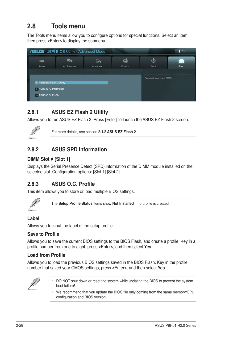 8 tools menu, 1 asus ez flash 2 utility, 2 asus spd information | 3 asus o.c. profile, Tools menu -28 2.8.1, Asus ez flash 2 utility -28, Asus spd information -28, Asus o.c. profile -28, Label, Save to profile | Asus P8H61/USB3 R2.0 User Manual | Page 72 / 78