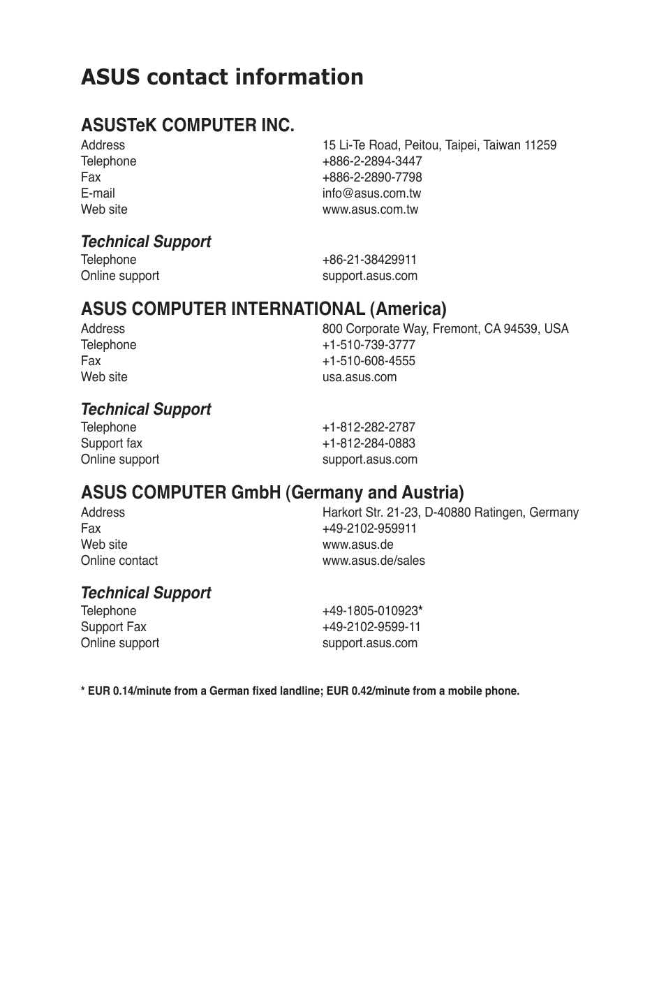 Asus contact information, Asustek computer inc, Asus computer international (america) | Asus computer gmbh (germany and austria), Technical support | Asus P8H61/USB3 R2.0 User Manual | Page 77 / 78