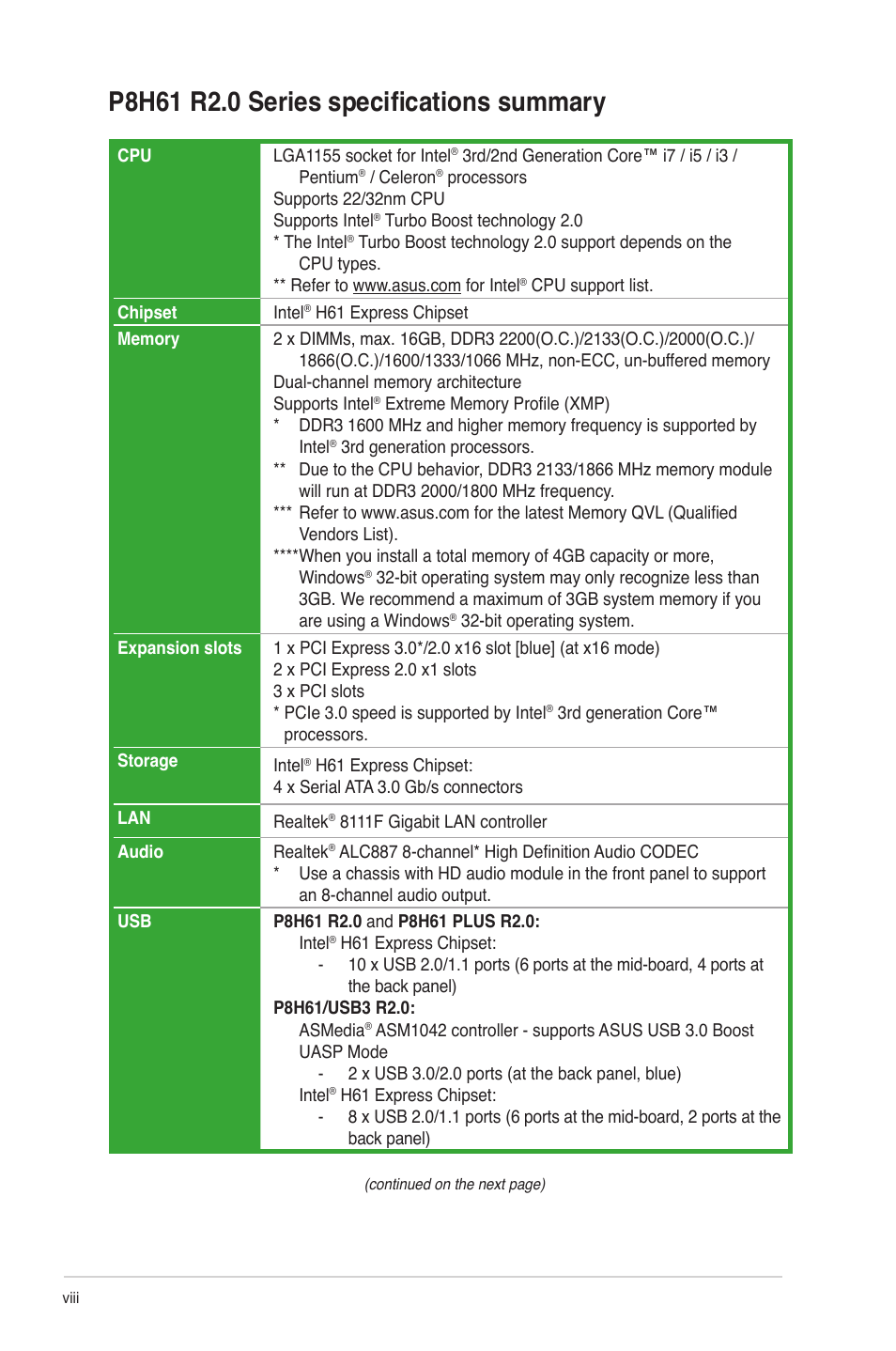 P8h61 r2.0 series specifications summary | Asus P8H61/USB3 R2.0 User Manual | Page 8 / 78