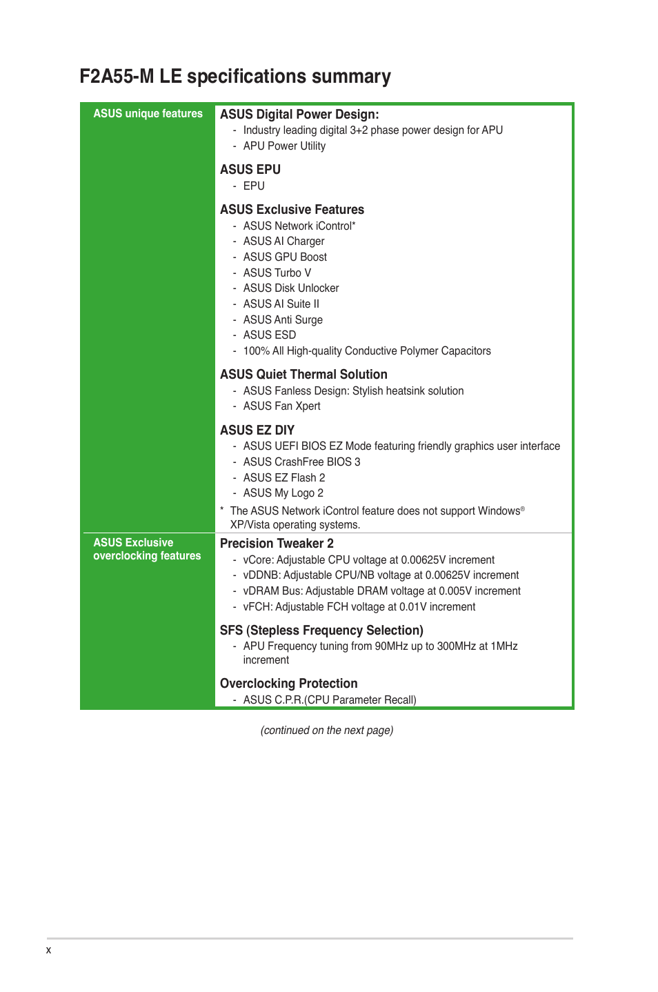 F2a55-m le specifications summary | Asus F2A55-M LE User Manual | Page 10 / 78