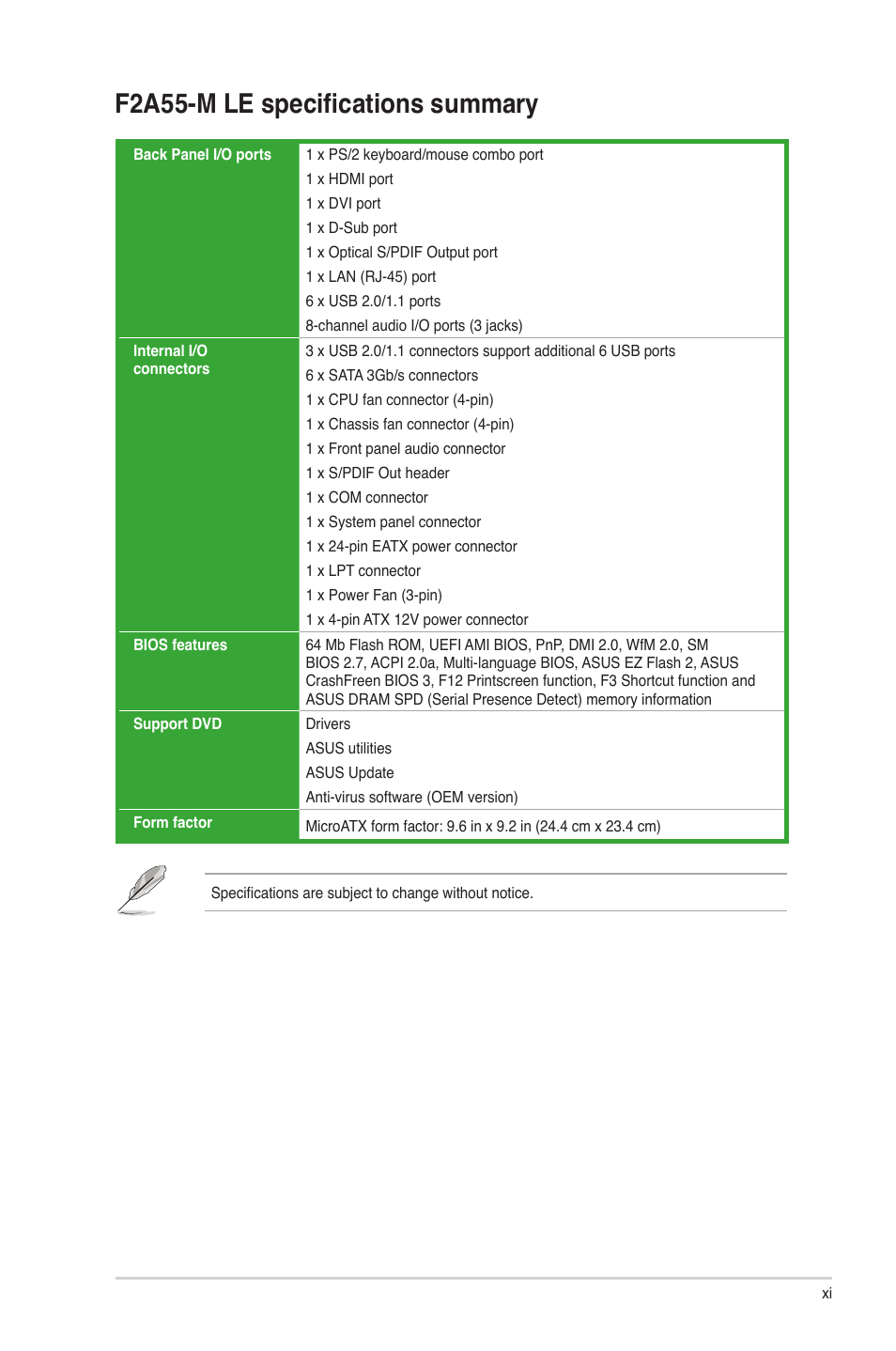 F2a55-m le specifications summary | Asus F2A55-M LE User Manual | Page 11 / 78