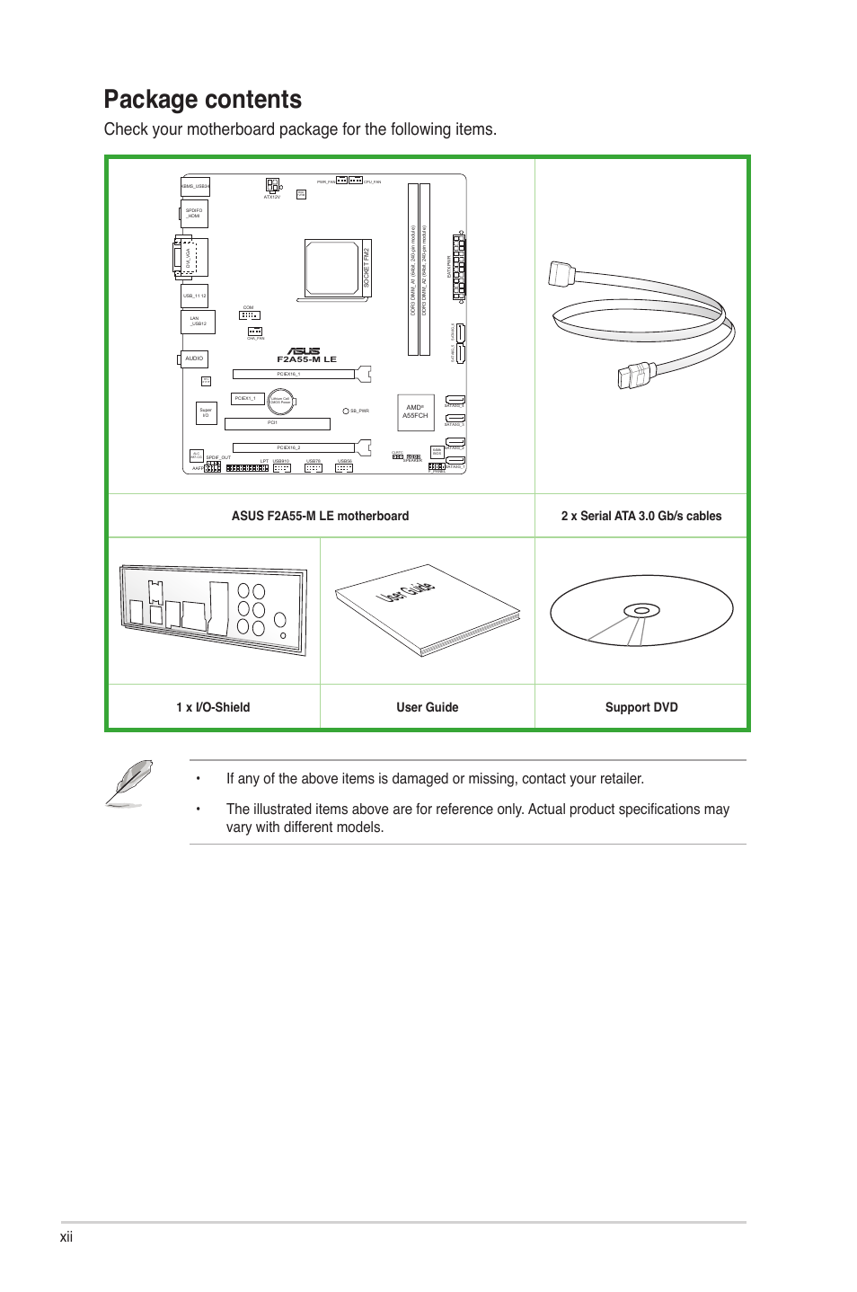 Package contents, User guide, 1 x i/o-shield user guide support dvd | Asus F2A55-M LE User Manual | Page 12 / 78