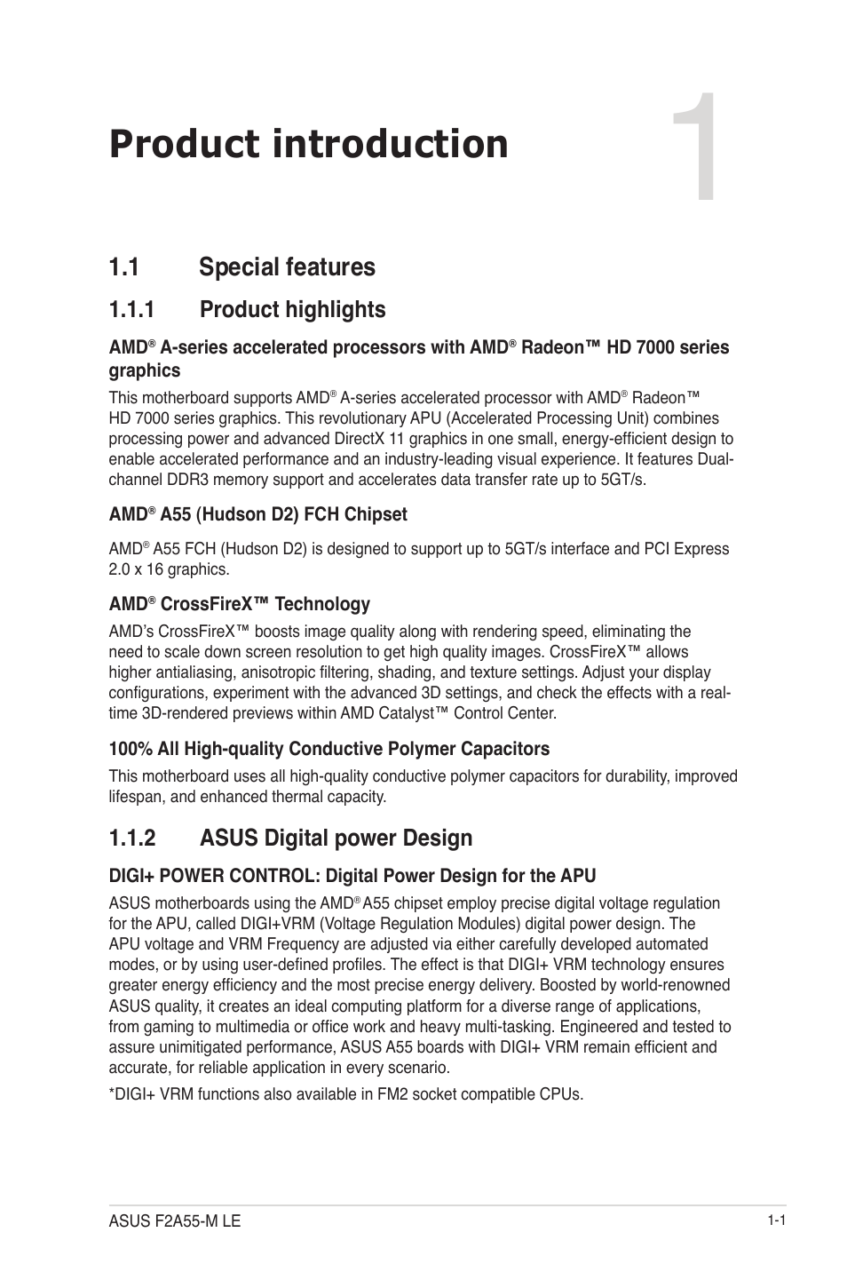 Chapter 1: product introduction, 1 special features, 1 product highlights | 2 asus digital power design, Product introduction, 1 special features -1, Product highlights -1, Asus digital power design -1 | Asus F2A55-M LE User Manual | Page 13 / 78