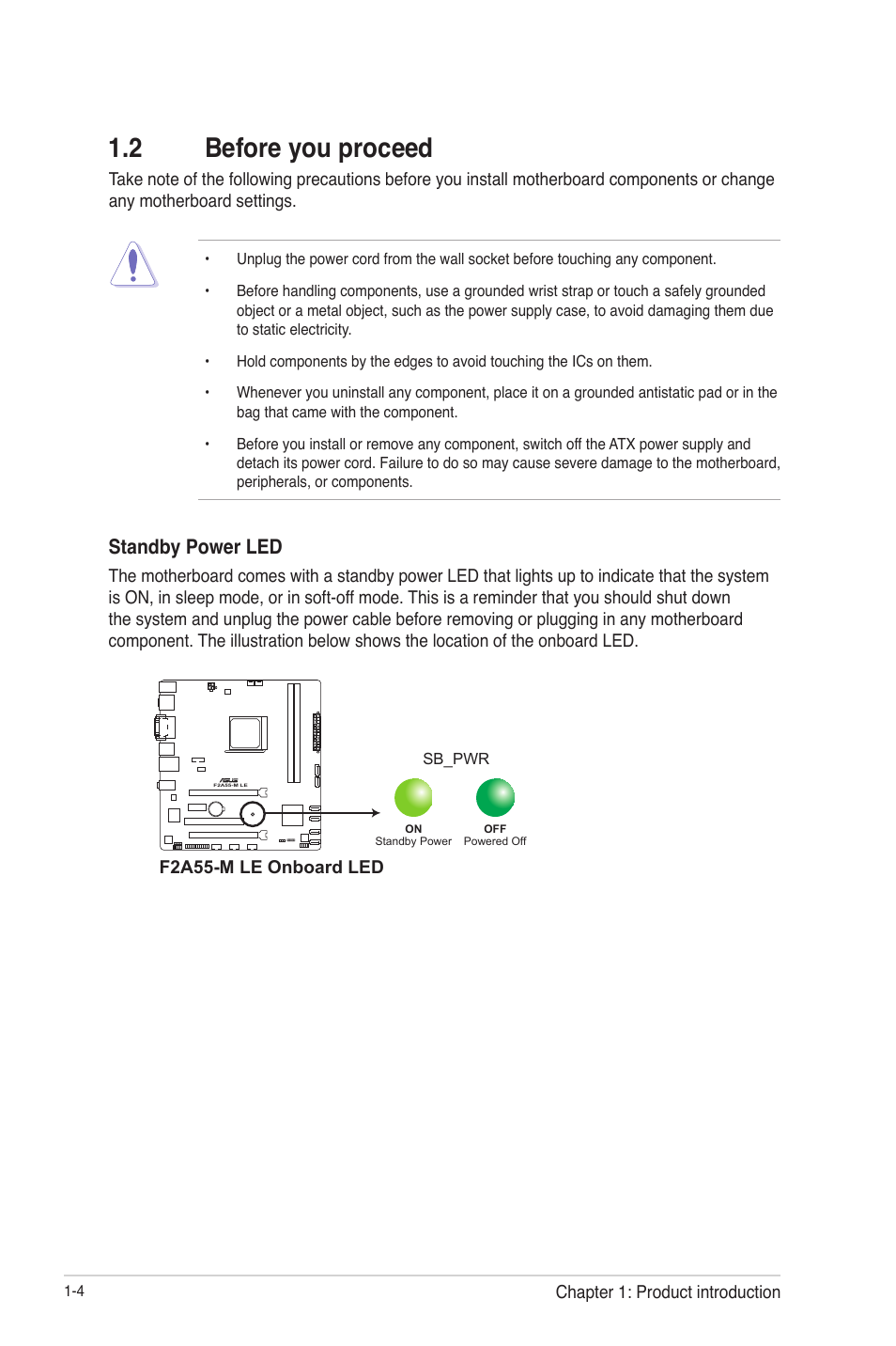 2 before you proceed, 2 before you proceed -4, Standby power led | Asus F2A55-M LE User Manual | Page 16 / 78