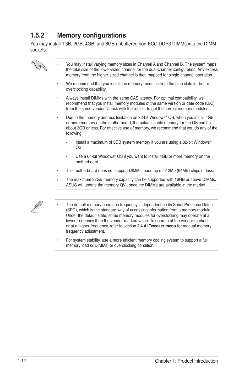 2 memory configurations, Memory configurations -12 | Asus F2A55-M LE User Manual | Page 24 / 78