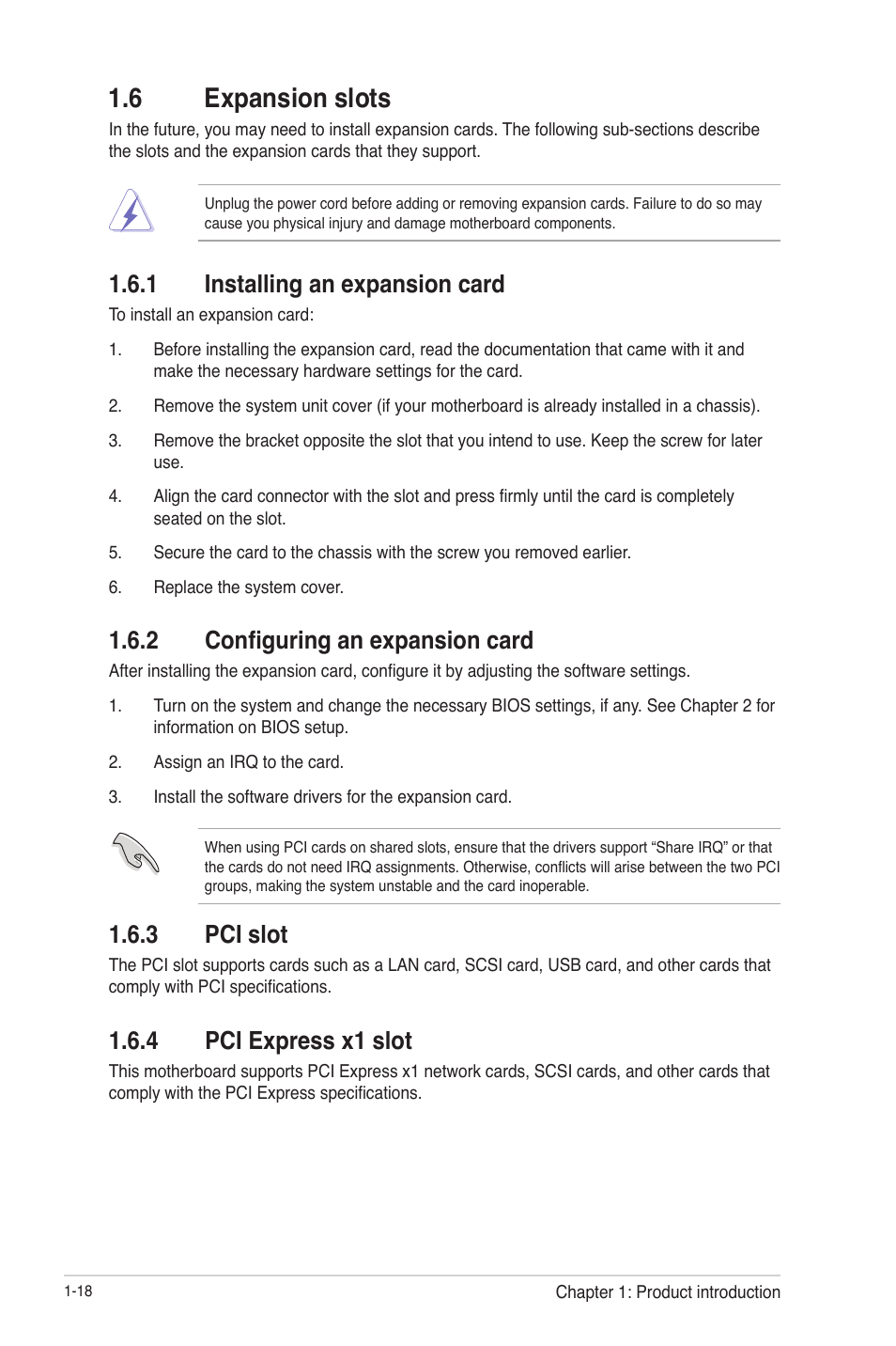 6 expansion slots, 1 installing an expansion card, 2 configuring an expansion card | 3 pci slot, 4 pci express x1 slot, 6 expansion slots -18, Installing an expansion card -18, Configuring an expansion card -18, Pci slot -18, Pci express x1 slot -18 | Asus F2A55-M LE User Manual | Page 30 / 78