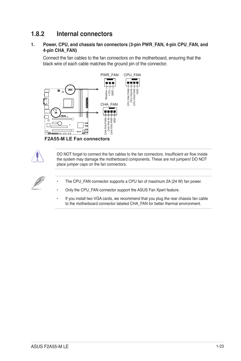 2 internal connectors, Internal connectors -23, F2a55-m le fan connectors | Asus f2a55-m le | Asus F2A55-M LE User Manual | Page 35 / 78