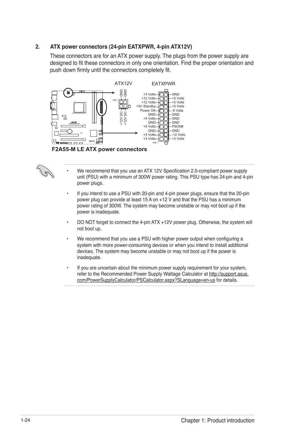 Chapter 1: product introduction, F2a55-m le atx power connectors | Asus F2A55-M LE User Manual | Page 36 / 78