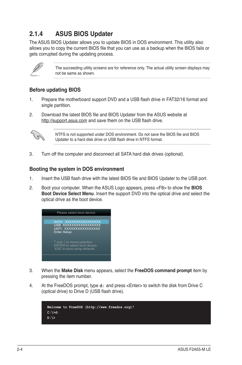 4 asus bios updater, Asus bios updater -4, Before updating bios | Booting the system in dos environment | Asus F2A55-M LE User Manual | Page 46 / 78