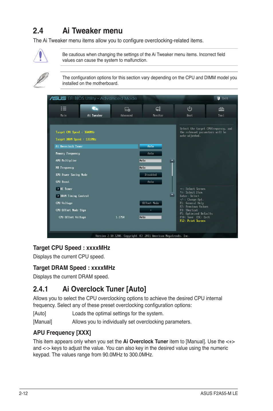 4 ai tweaker menu, 1 ai overclock tuner [auto, 4 ai tweaker menu -12 | Ai overclock tuner [auto] -12 | Asus F2A55-M LE User Manual | Page 54 / 78