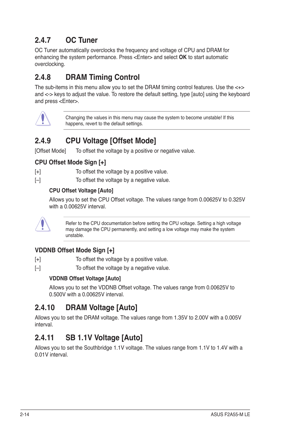 7 oc tuner, 8 dram timing control, 9 cpu voltage [offset mode | 10 dram voltage [auto, 11 sb 1.1v voltage [auto, Oc tuner -14, Dram timing control -14, Cpu voltage [offset mode] -14 | Asus F2A55-M LE User Manual | Page 56 / 78
