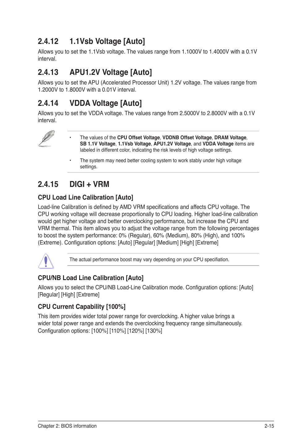 12 1.1vsb voltage [auto, 13 apu1.2v voltage [auto, 14 vdda voltage [auto | 15 digi + vrm | Asus F2A55-M LE User Manual | Page 57 / 78