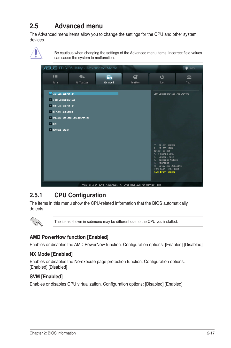 5 advanced menu, 1 cpu configuration, 5 advanced menu -17 | Cpu configuration -17 | Asus F2A55-M LE User Manual | Page 59 / 78