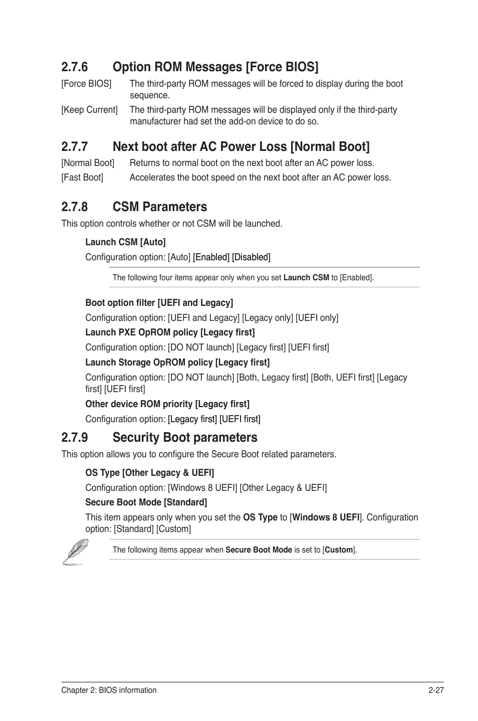 6 option rom messages [force bios, 7 next boot after ac power loss [normal boot, 8 csm parameters | 9 security boot parameters, Option rom messages [force bios] -27, Next boot after ac power loss [normal boot] -27, Csm parameters -27, Security boot parameters -27 | Asus F2A55-M LE User Manual | Page 69 / 78