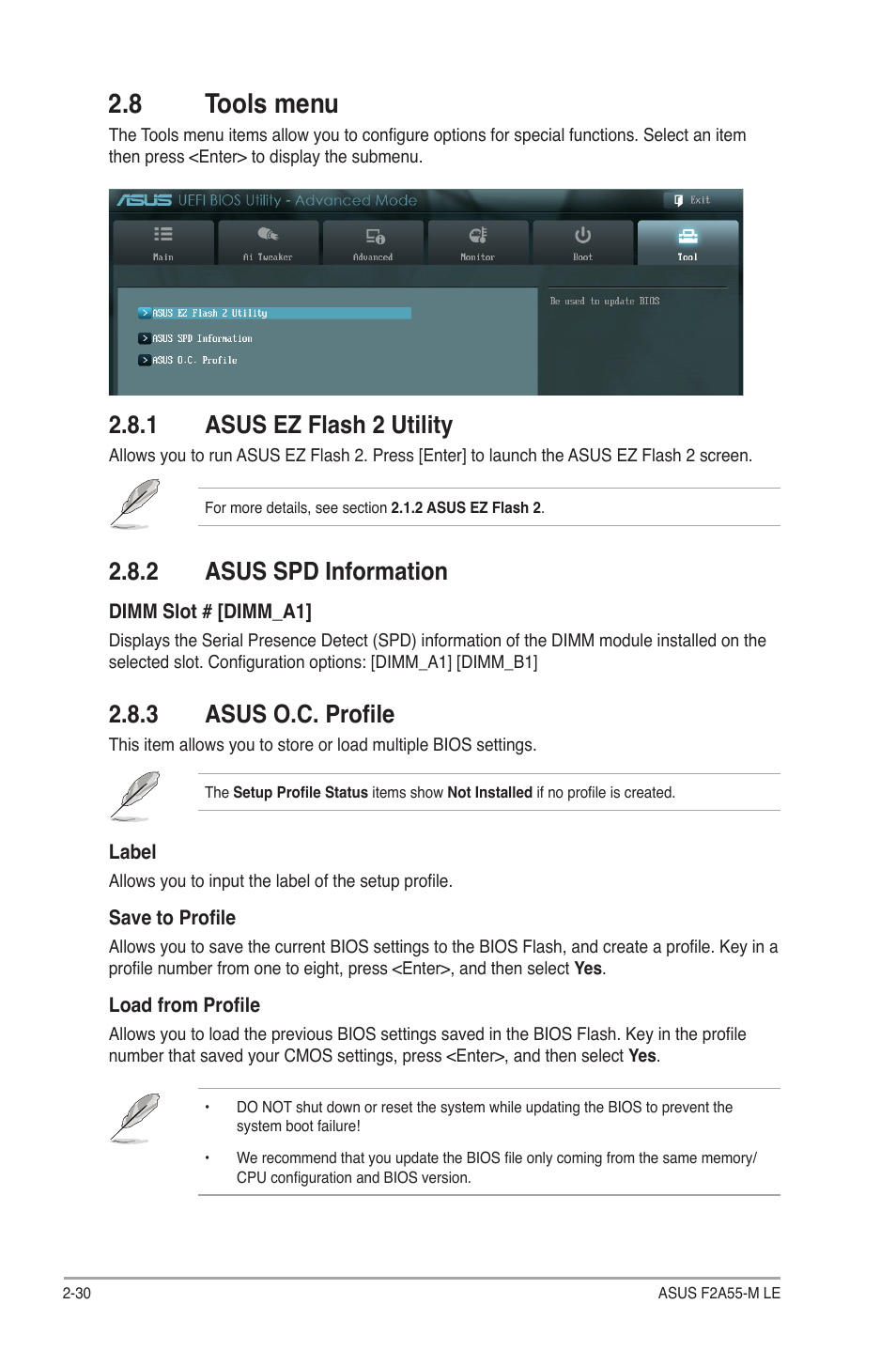 8 tools menu, 1 asus ez flash 2 utility, 2 asus spd information | 3 asus o.c. profile, 8 tools menu -30, Asus ez flash 2 utility -30, Asus spd information -30, Asus o.c. profile -30 | Asus F2A55-M LE User Manual | Page 72 / 78