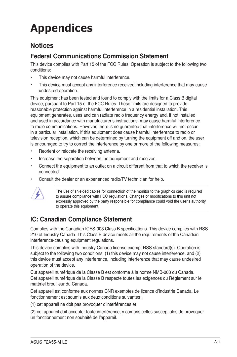 Appendices, Notices, Federal communications commission statement | Ic: canadian compliance statement | Asus F2A55-M LE User Manual | Page 75 / 78