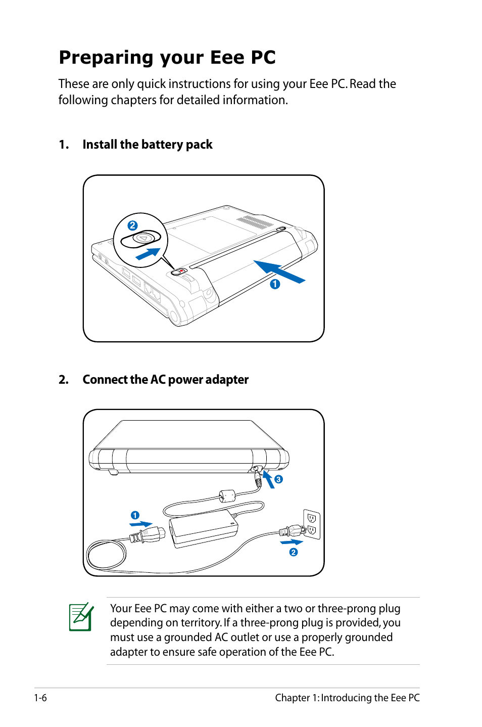 Preparing your eee pc | Asus Eee PC 900A/XP User Manual | Page 10 / 76